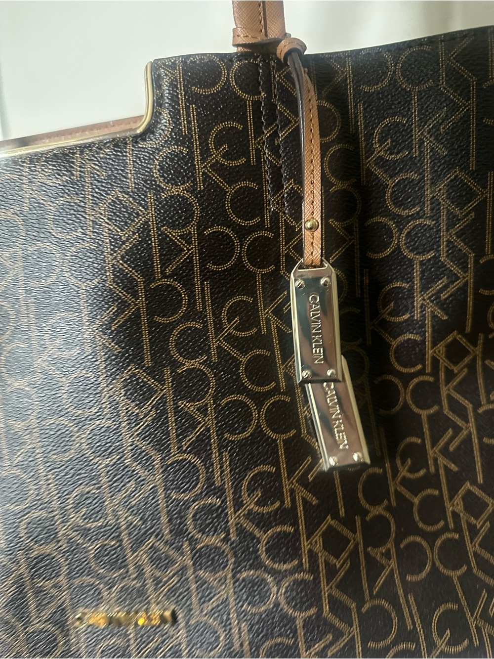 Calvin Klein Dark Brown Monogram Tote with Tan Straps NWOT - Picture 7 of 11